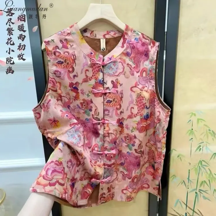 （小曼推荐）1413#新款时尚盘扣缎面印花马甲