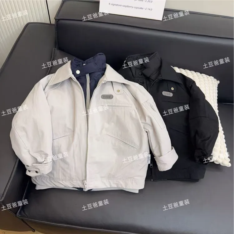 儿童韩范假两件棉衣2025冬季洋气潮流男女童飞行保暖夹克立领棉服