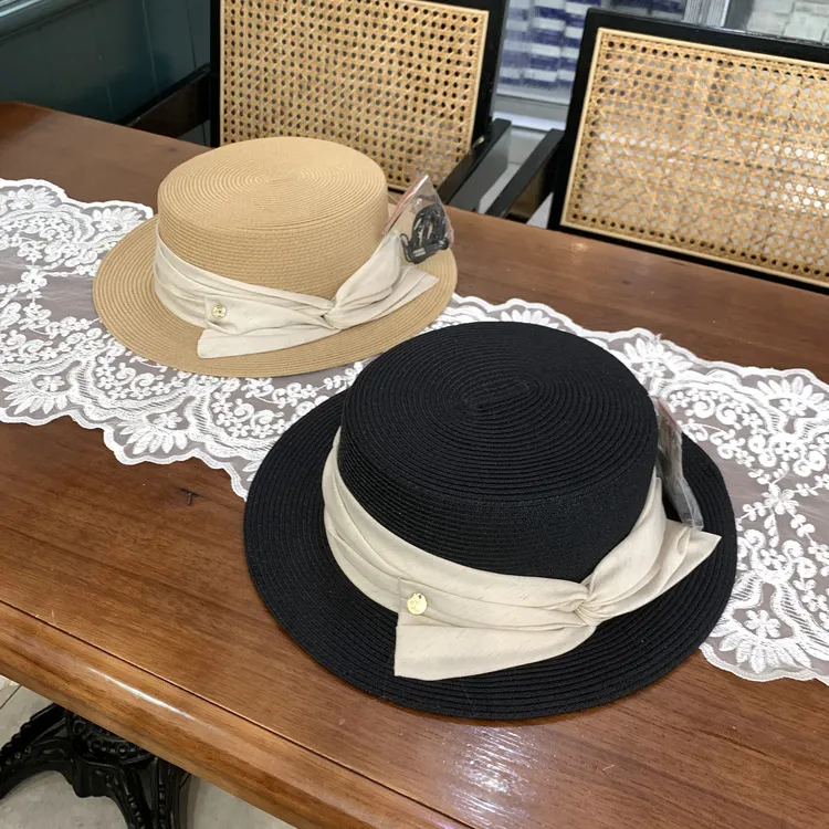 新款法式遮阳平顶草帽女时尚优雅平檐小礼帽夏季出游百搭防晒帽