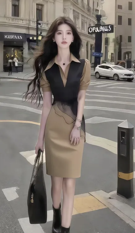 设计感卡其色衬衫领短袖修身收腰包臀不规则两件套女显瘦气质女装