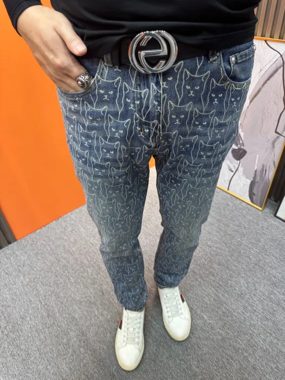 秋冬印花牛仔裤男裤修身直筒弹力时尚个性潮流百搭男长裤子