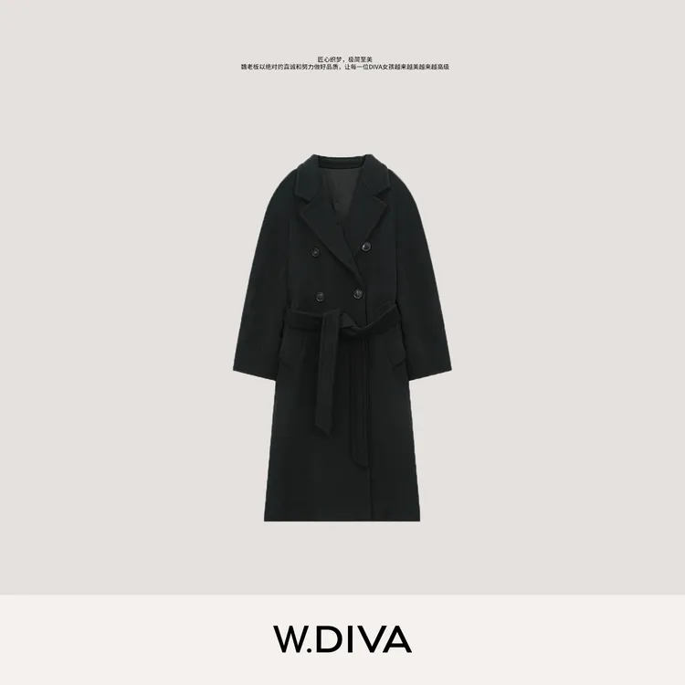 W.Diva【听海】桑蚕丝13.8微米羊绒时尚品质中长款大衣4C27CZ926