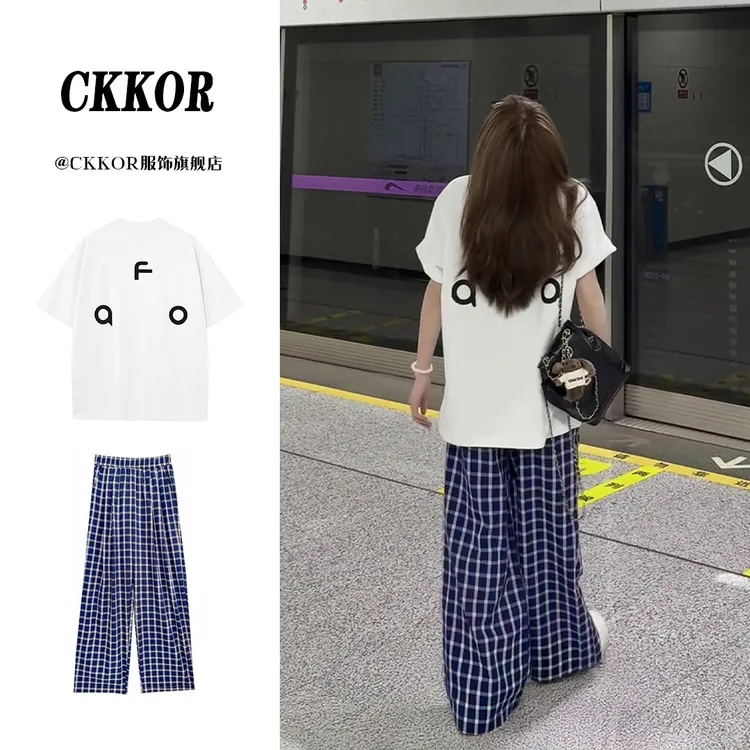 CKKOR夏季韩版时尚套装圆领短袖t恤女休闲百搭高腰显瘦格子阔腿裤