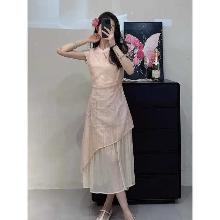 新中式立领斜襟不规则假两件改良旗袍连衣裙女褶皱收腰气质长裙夏