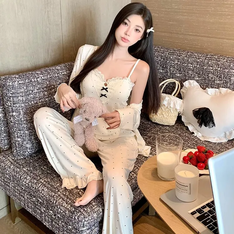 春秋爆款2025年莫代尔性感纯欲风波点吊带春秋薄款纯欲家居服套装