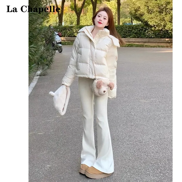 La Chapelle/拉夏贝尔米白微喇休闲裤女2025秋冬新款显瘦喇叭裤子