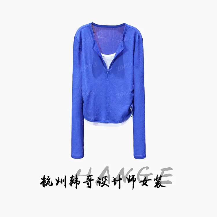 【韩哥女装】《柔情》宝蓝色拼接假两件开领爽肤衣7997