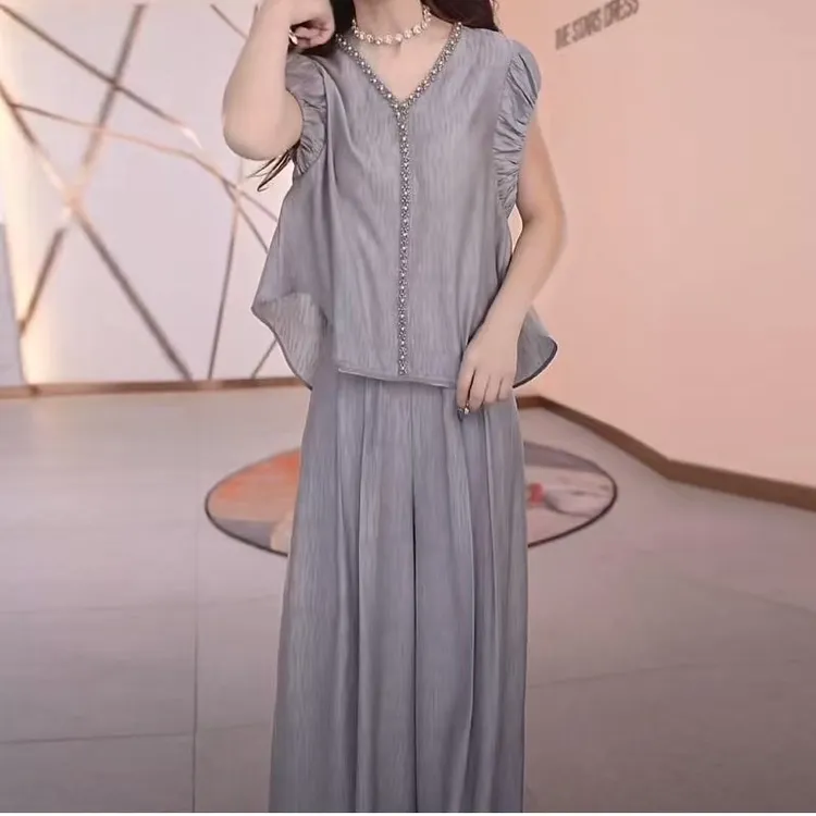 5368#高级气质端庄优雅套装2025夏季新款上衣裤子遮肚子两件套女