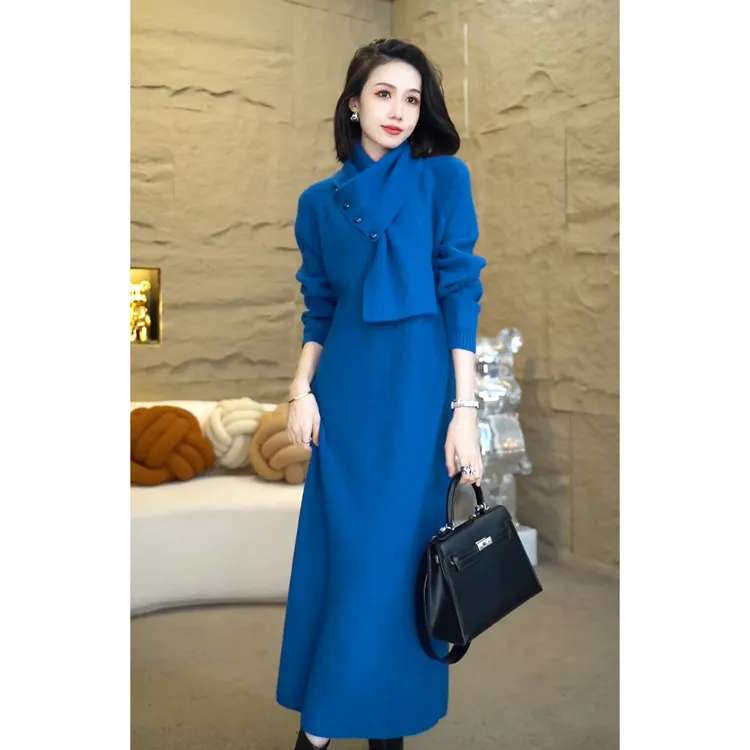 欧颍昇秋冬气质轻奢时髦围脖毛衣针织连衣裙高级感简约裙子7080