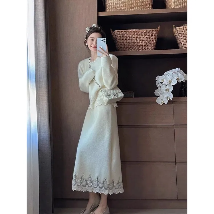 秋冬款高级感小洋装气质名媛白色毛衣两件套针织半身裙两件套女