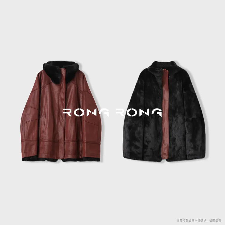 溶溶【奢暖红人】RONGRONG 100兔毛皮极简复古风双穿皮衣MYSS25091
