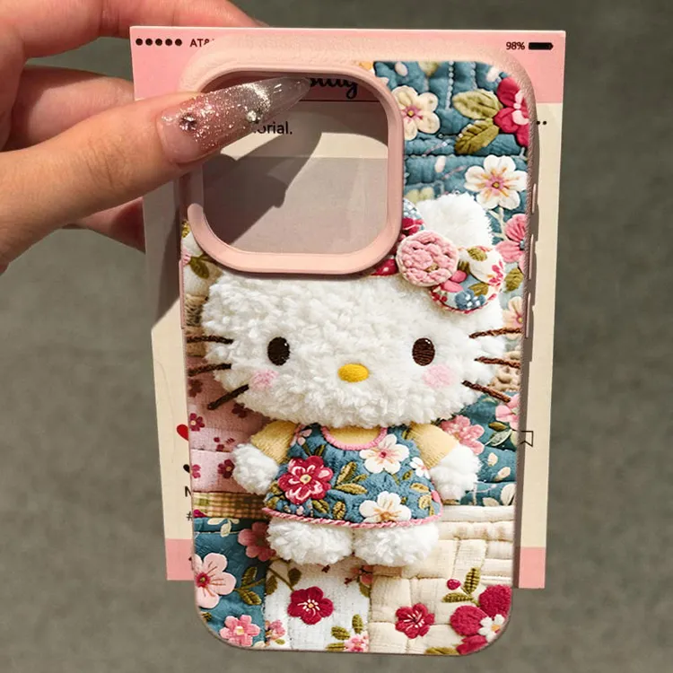 平面鲜花凯蒂适用苹果16/17手机壳iPhone15promax14荔枝纹13/1211
