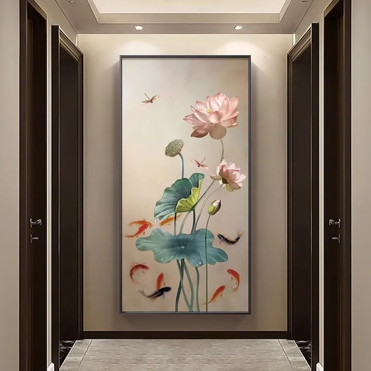 荷花九鱼入户玄关粘贴画竖版中式走廊客厅轻奢过道高级自粘画壁画