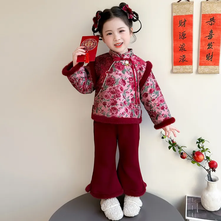 女童新年装碎花唐装套装2025冬装新款夹棉加厚儿童拜年服过年衣服