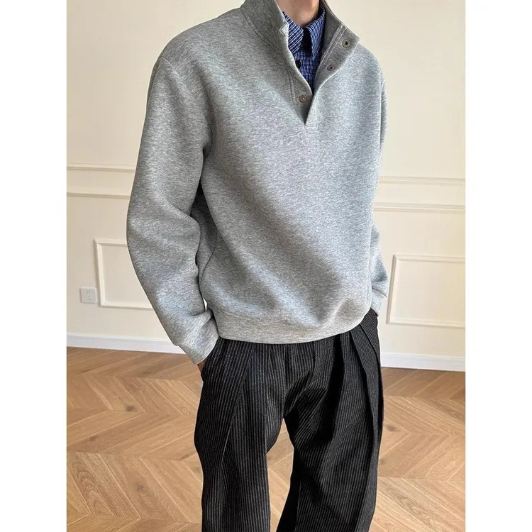 美式设计感格子假两件半高领卫衣男士秋季灰色硬挺小众长袖上衣潮