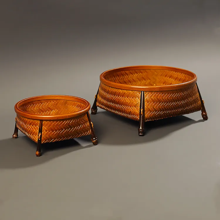 手工中式竹编大漆复古收纳篮茶点盘水果筐茶具收纳家用茶室糖果筐