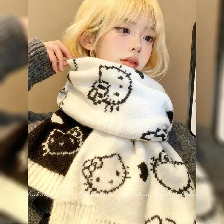 可爱小猫双面针织围巾女秋冬季加厚保暖护颈围脖学生防寒防风百搭