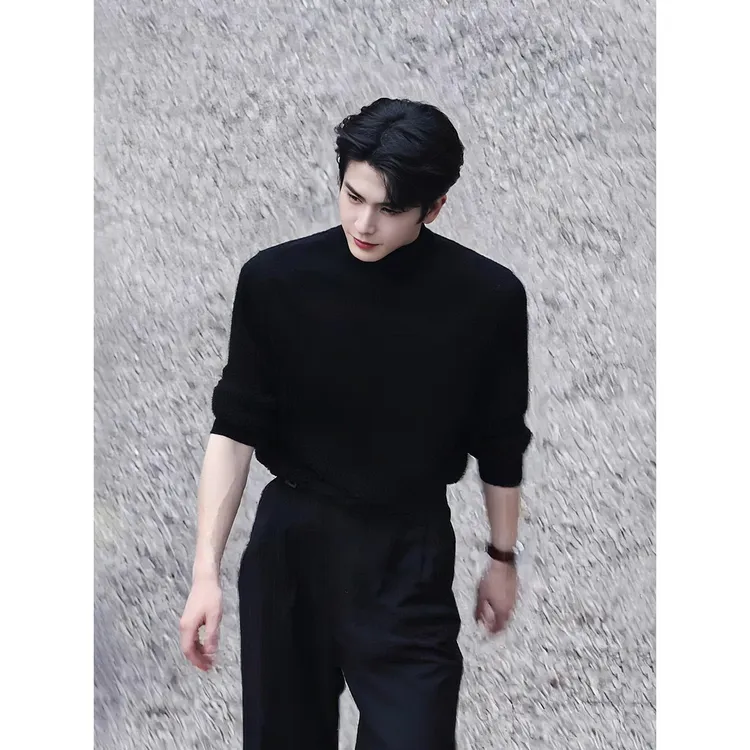 张凌赫同款黑色半高领毛衣男秋冬韩系痞帅针织衫打底毛衫内搭上衣