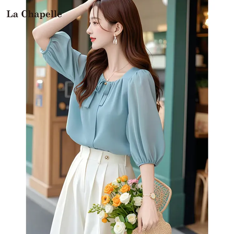 拉夏贝尔韩系雪纺衬衫女2025夏季新款别致休闲蓝色减龄五分袖上衣