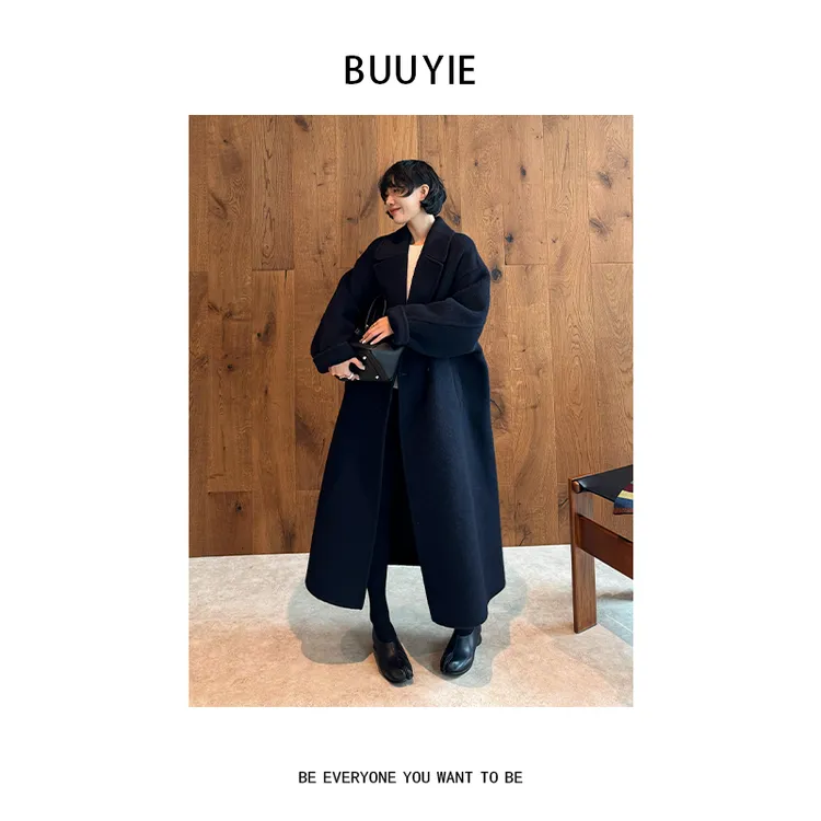 BUUYIE【墨奢】绵羊毛羊驼毛混纺呢子大衣女长款毛呢外套251046