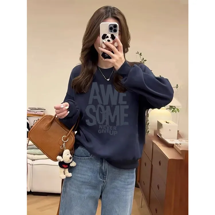 圆领套头打底衫加绒加厚卫衣女2025秋冬新款宽松韩版外套春秋薄款