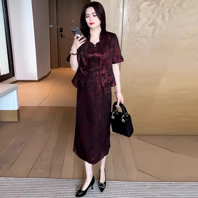 时尚连衣裙套装女2025夏季新款洋气质显瘦印花短外套背心裙两件套