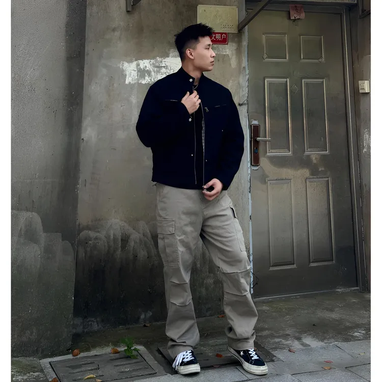 春秋美式斜纹棉直筒工装裤立体剪裁多口袋硬汉高弹百搭休闲长裤
