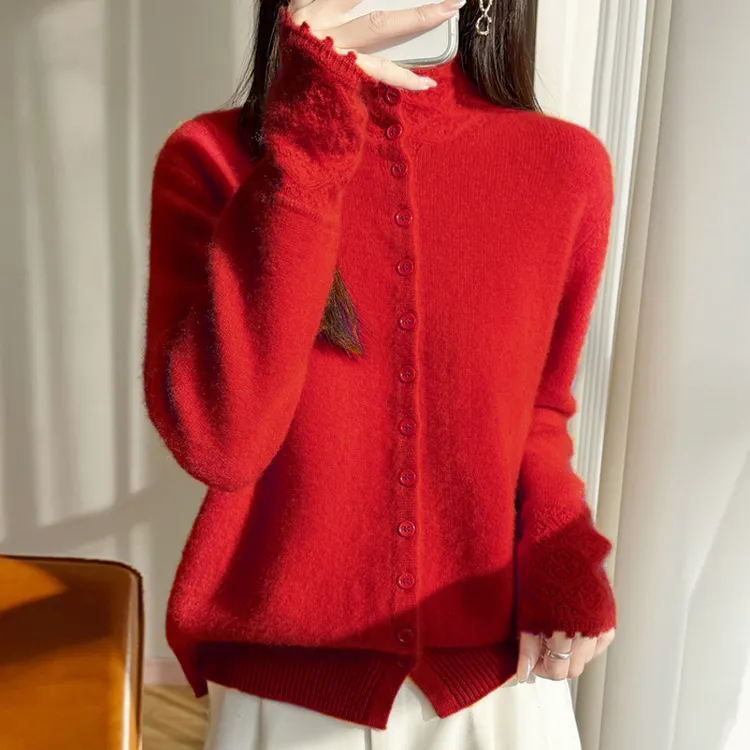 【设计师款】100纯羊毛衫精致翻领高领单排扣厚款百搭时尚针织衫女