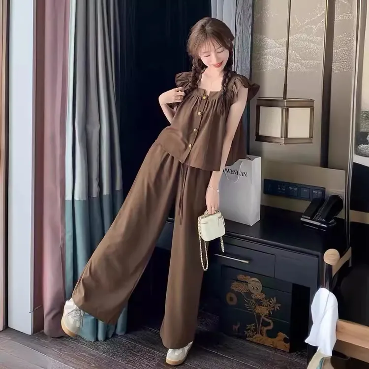 休闲甜美减龄套装女夏小个子2024新款小飞袖衬衫气质阔腿裤两件套