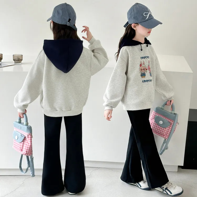 女童春秋季套装2025新款中大童卫衣连帽上衣儿童秋季喇叭裤两件套