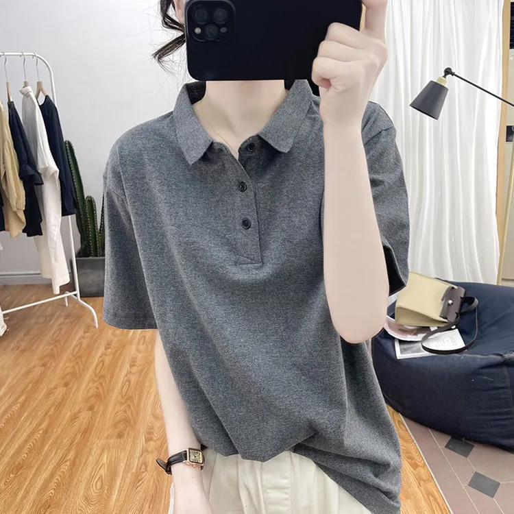 夏季新款韩系简约复古时尚纯色拼接Polo领宽松纯棉短袖T恤女百搭