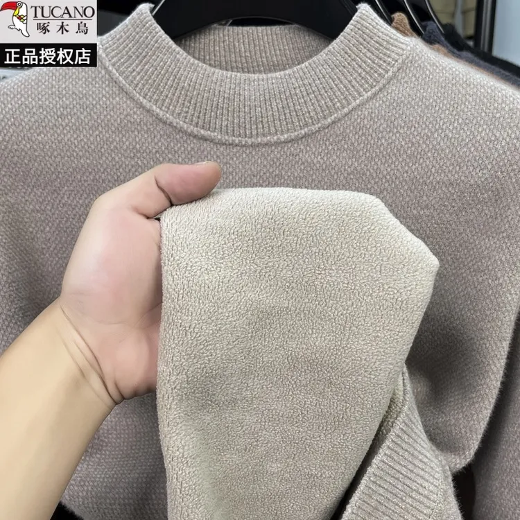 啄木鸟一体绒毛衣男冬季保暖半高领加绒加厚雪尼尔男针织打底衫20