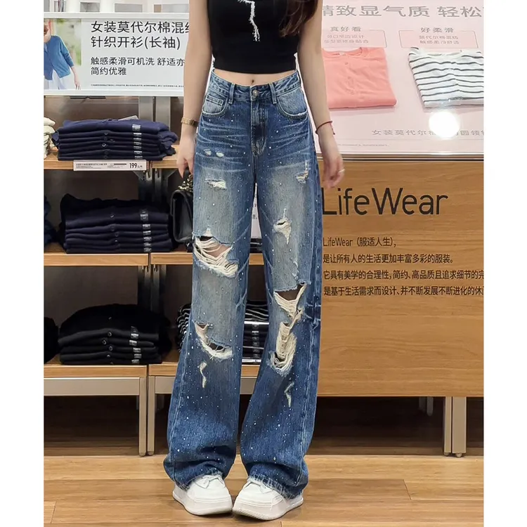 156夏季新款重工高腰破洞烫钻直筒牛仔裤女宽松显瘦阔腿拖地长裤