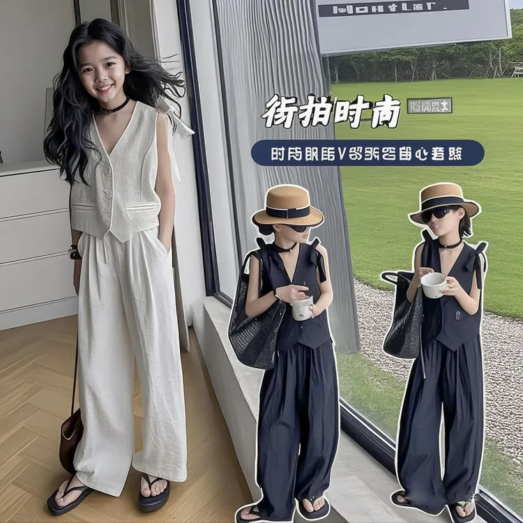 女童无袖马甲上衣休闲直筒裤套装2025夏季新款儿童气质时尚两件套