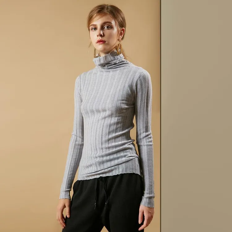 【叶可可】PAMIR秋冬新款女堆领精纺羊毛坑条休闲针织衫 PM029