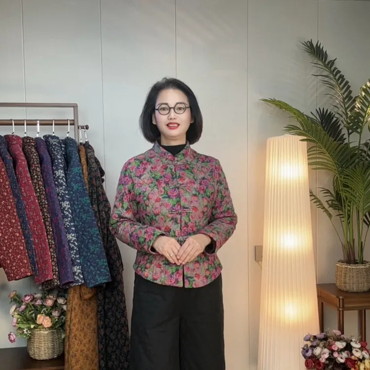 <牡丹花棉衣1>915双层纱数码印花立领长袖修身休闲冬款居家小棉衣