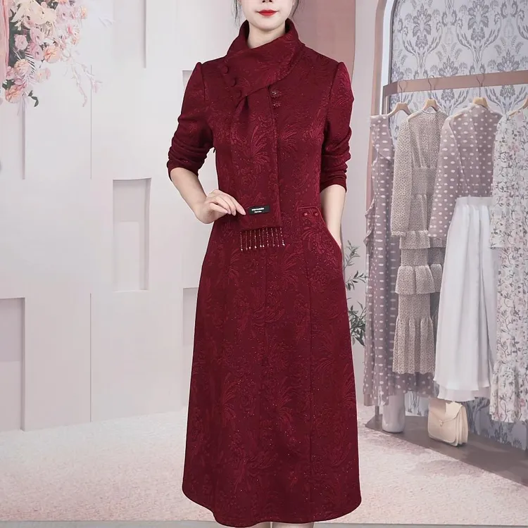 【梦雅衣橱】秋冬加绒加厚新中式时尚气质优雅婚宴精致红色连衣裙