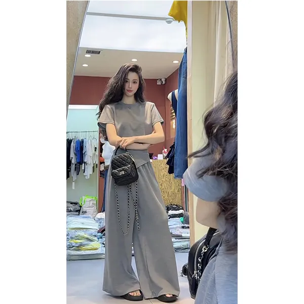 韩版灰色露腰短袖t恤上衣阔腿裤两件套女2025夏季款新款小众套装