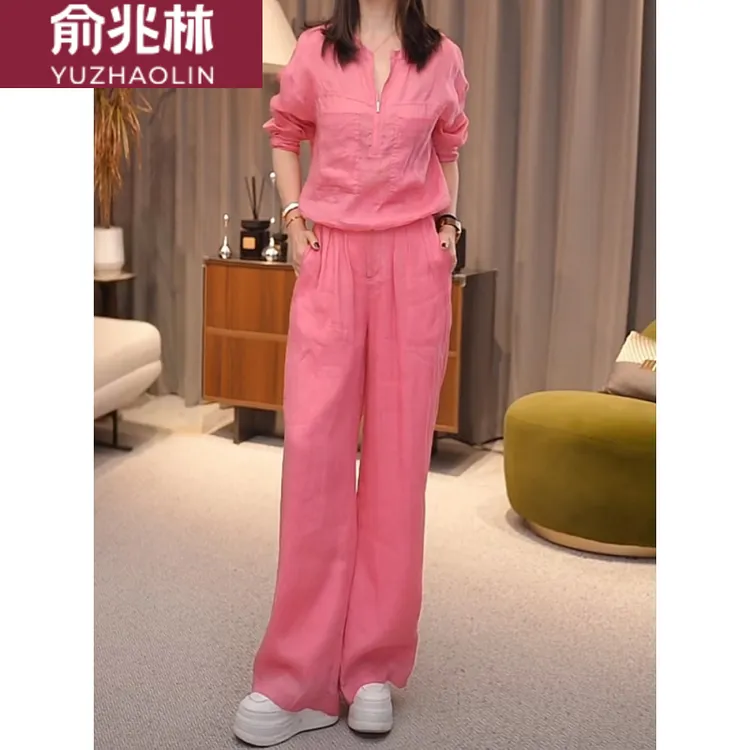 俞兆林时尚苎麻衬衫套装女春夏季新款洋气休闲宽松棉麻上衣阔腿裤