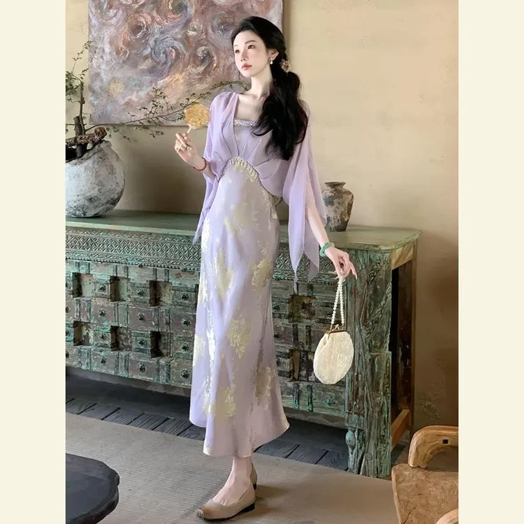 新中式国风旗袍轻奢高级感冷淡系独特别致小众不撞款紫色连衣裙夏