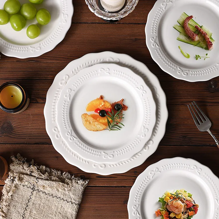 瓷县令欧式10英寸蝴蝶蕾丝平盘2只纯白家用餐盘INS风盘子陶瓷餐具