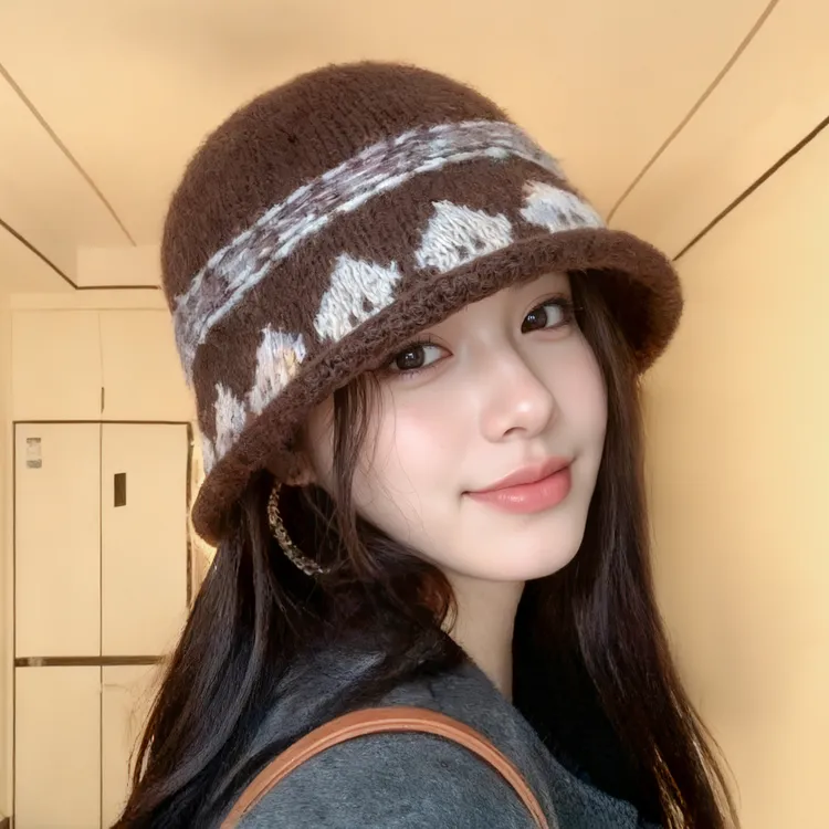 韩系复古提花针织渔夫帽女款2025新款显脸小毛线水桶帽大头围盆帽