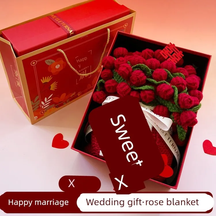 结婚礼物送新人新娘闺蜜高级实用订婚新婚红玫瑰花束毯子百喜毯