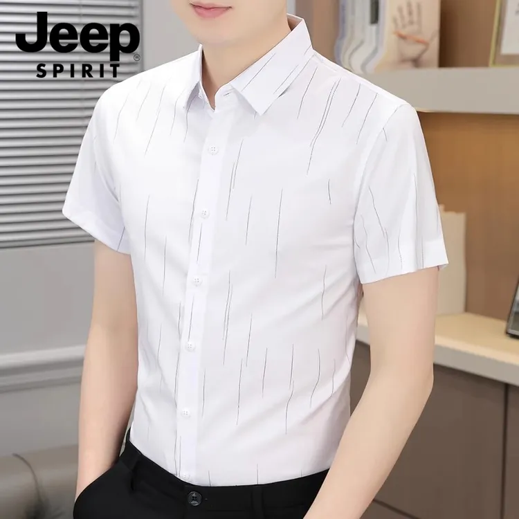 JEEPSPIRIT男士短袖衬衫夏季潮流条纹修身痞帅透气高级感衬衣男款