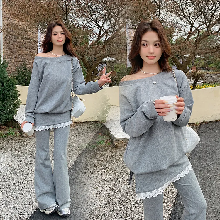 灰色蕾丝花边卫衣套装女2025年秋季新款韩系宽松显瘦阔腿裤两件套