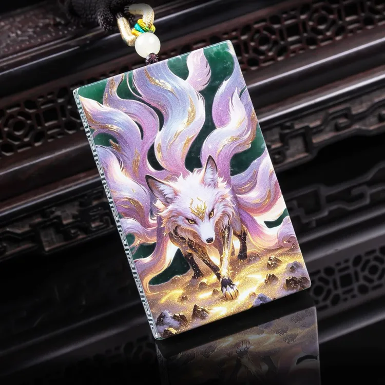 天然A货翡翠九尾狐仙吊坠男女旺桃花旺运超清色彩影雕玉挂件玉佩