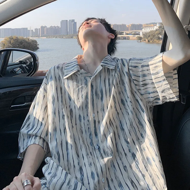条纹扎染沙滩短袖衬衫男夏季美式潮牌慵懒风宽松半袖衬衣休闲外套