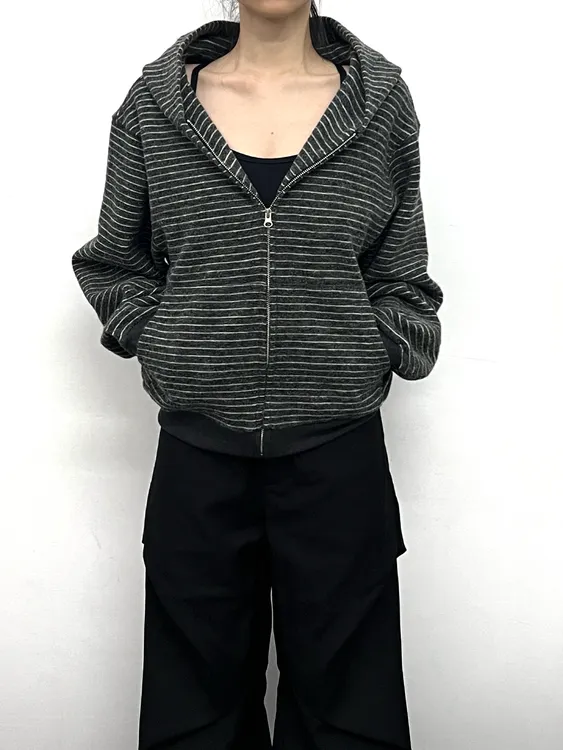 万兔的Oen美式复古早秋条纹拉链开衫连帽卫衣男女休闲情侣外套潮