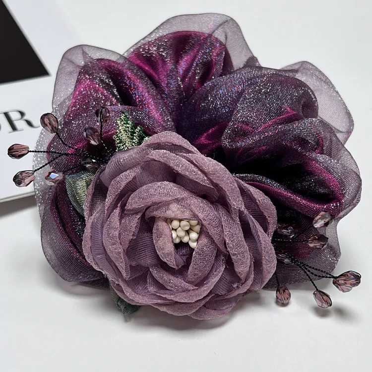 网红新款欧根纱大肠圈紫色温柔气质花朵头花高级丸子盘发头绳发绳