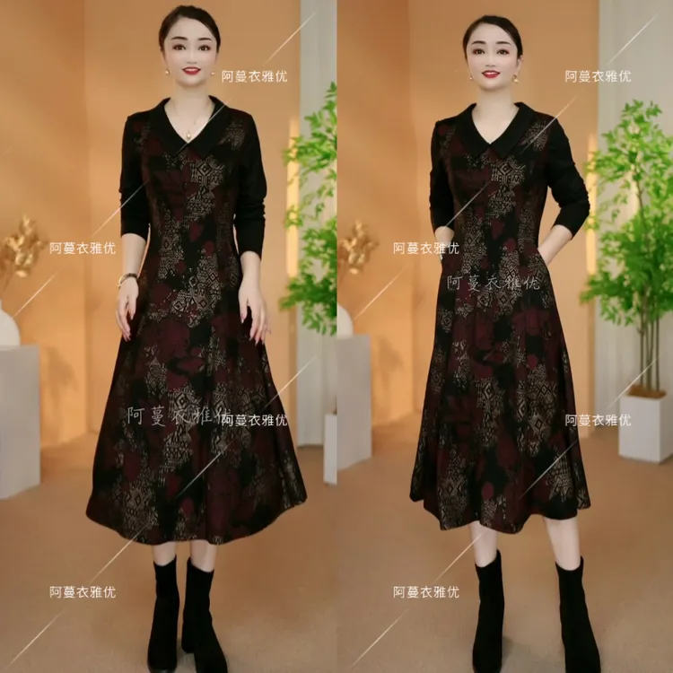 【衣雅严选】8206-2434#早秋新款时尚百搭娃娃领减龄款烫金连衣裙